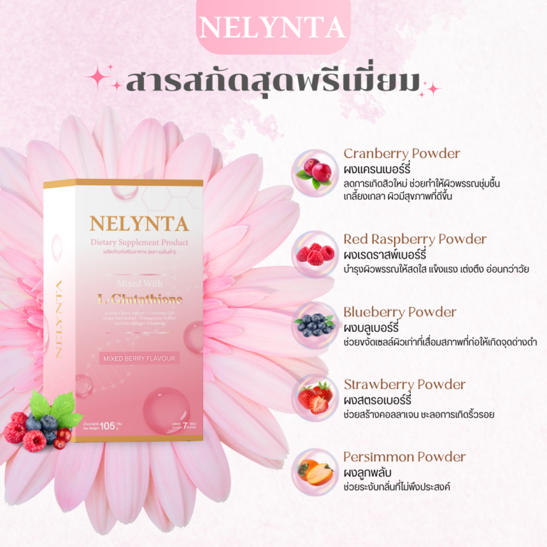 ส่วนประกอบหลัก Nelynta ผงแครนเบอร์รี่ ผงเรดราสพ์เบอร์รี่ ผงบลูเบอร์รี่และอื่นๆ