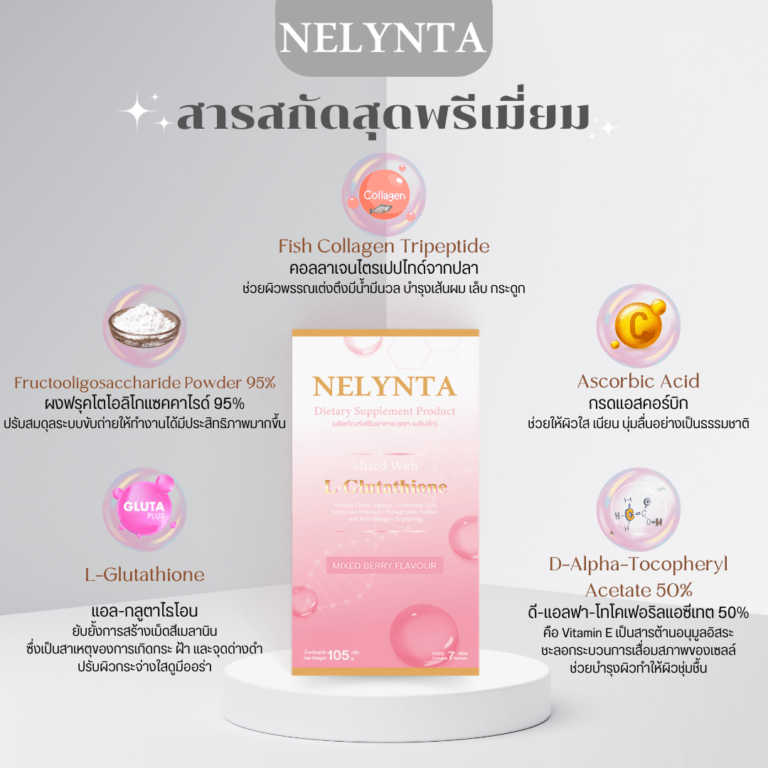 ส่วนประกอบหลัก Nelynta คอลลาเจนไตรเปปไทด์จากปลา กรดแอสคอร์บิก แอลกลูตาไธโอนและอื่นๆ